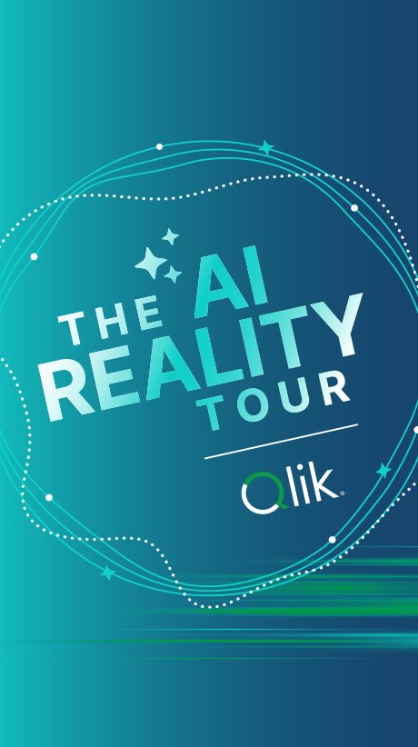 Graphic reading “The AI Reality Tour” with the Qlik logo on a teal and dark blue abstract background with dotted and curved lines.