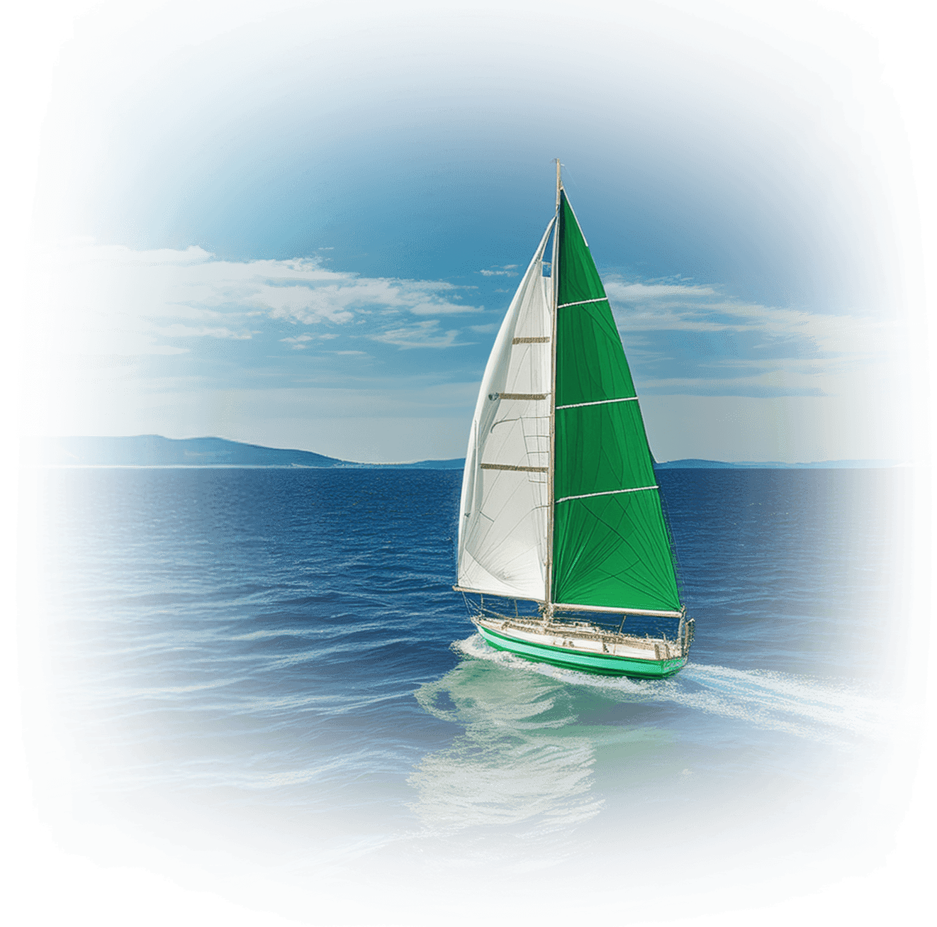 Sailboat with green and white sails navigating open blue water under a clear sky.