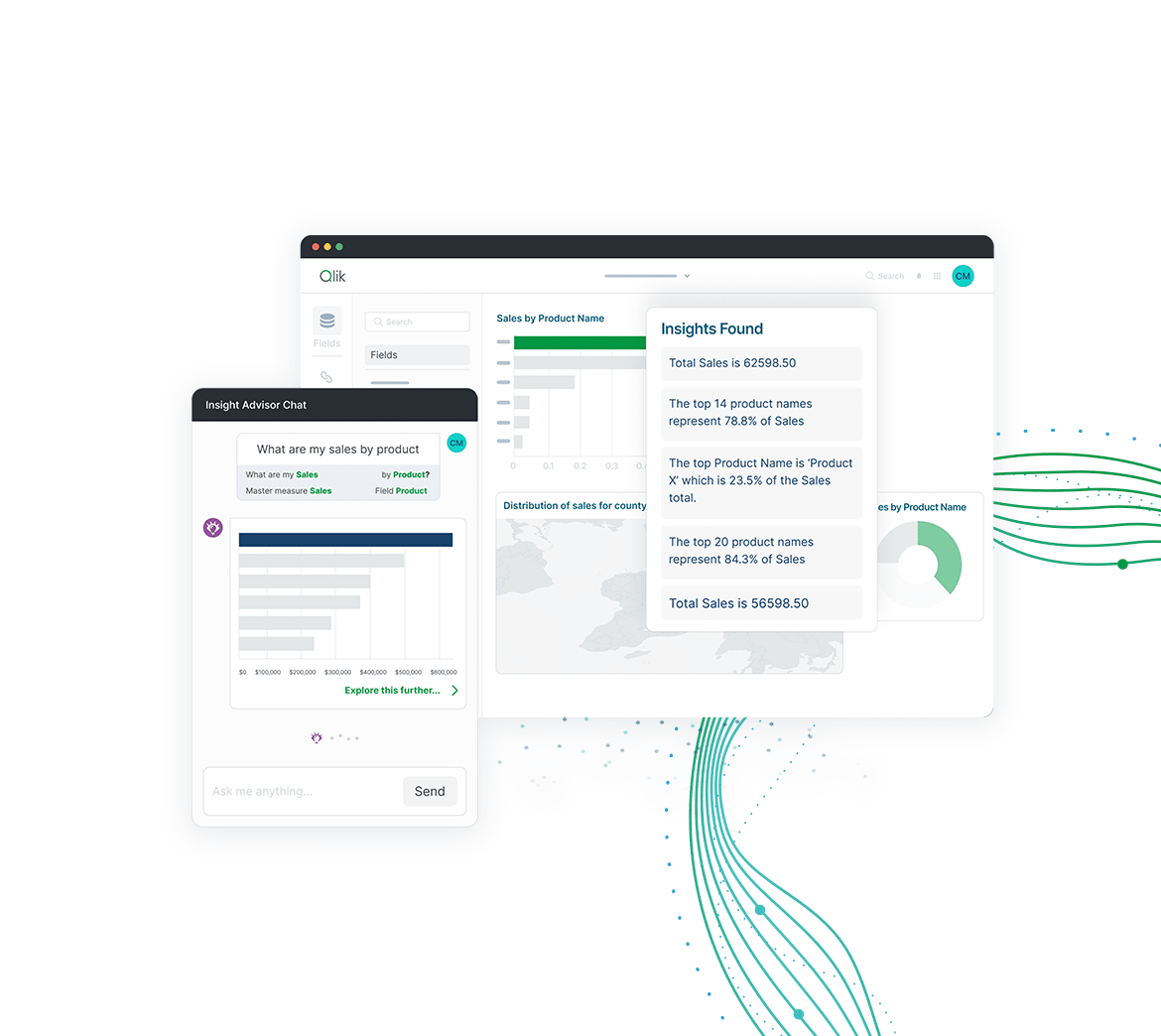 Captura de pantalla de cuadro de mando que muestra un chat de Insight Advisor que pregunta sobre las ventas por producto y muestra la respuesta como un gráfico de barras y conocimientos de texto generados.