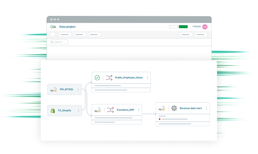 Canal de datos de Qlik Talend Cloud que muestra una interfaz con fuentes de datos conectados